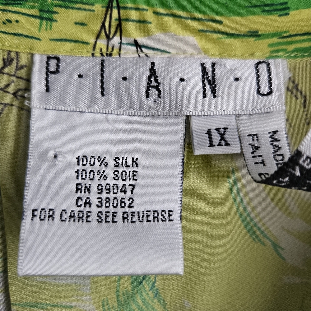 Vintage 90s PIANO Lime Green Silk Blouse Floral Print Long Sleeve Shirt 1X - Picture 5 of 12